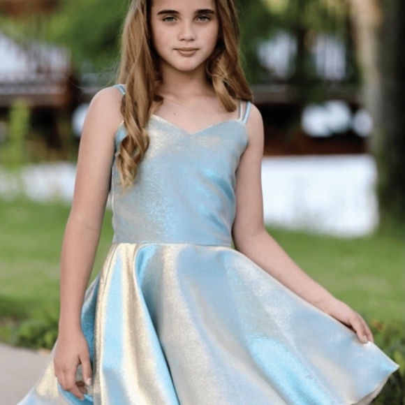 Dolls and Divas Party Dress Blue/Gold Metallic Hi Low Skirt - Picture 4 of 4